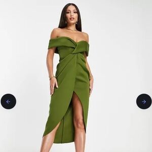 ASOS DESIGN Tall off shoulder twist front midi dress olive